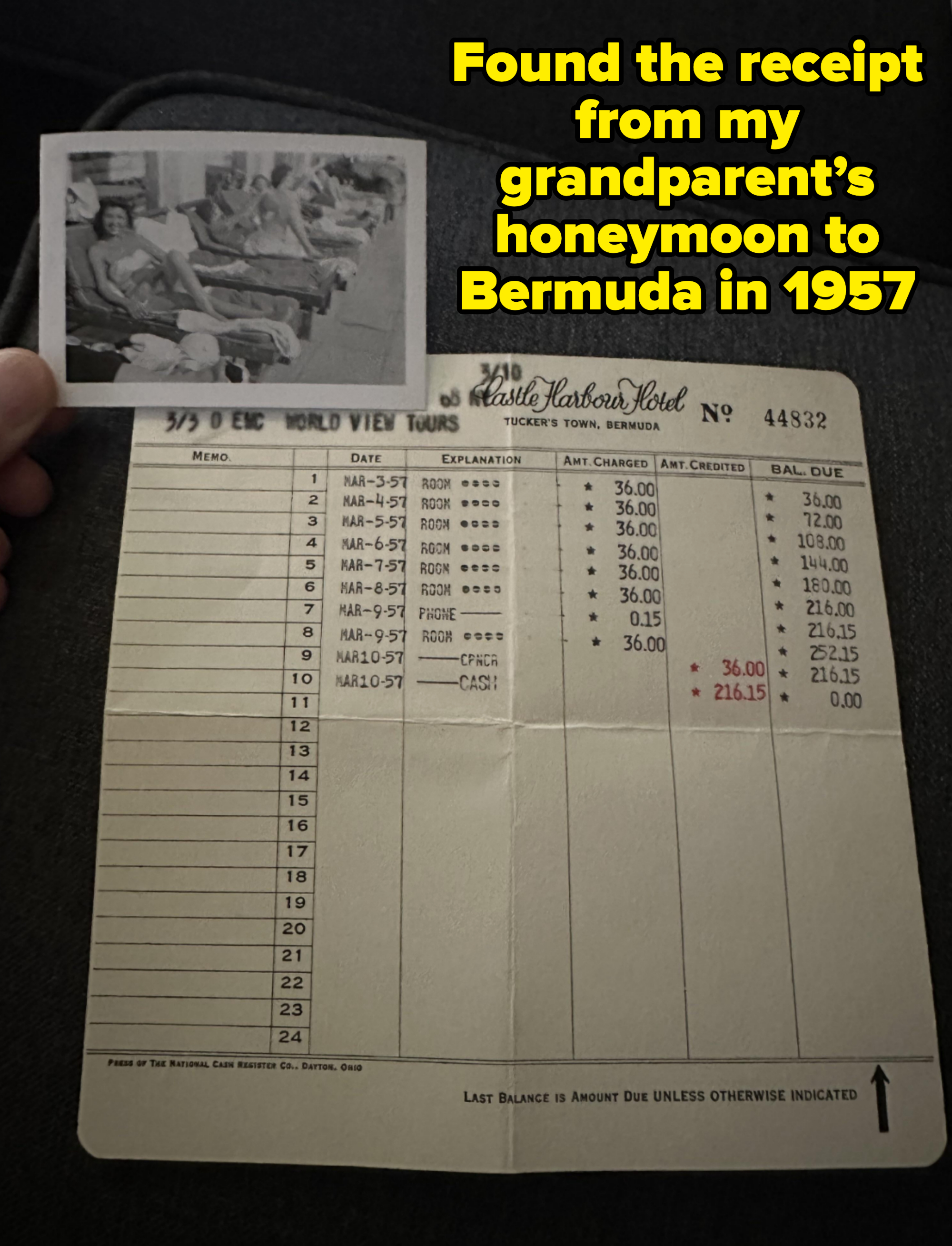 A person is holding a black and white photo of people on recliners next to an itemized bill from Castle Harbor Hotel, including charges for meals and other services