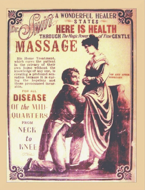 An old for Dr. Swift promoting a massage treatment for various diseases, featuring a woman receiving a massage from a man. Text details treatment benefits