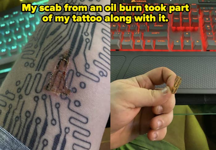 A close-up shows a tattoo of a circuit board on an arm with a small implanted chip and a hand holding a similar chip in front of a computer keyboard