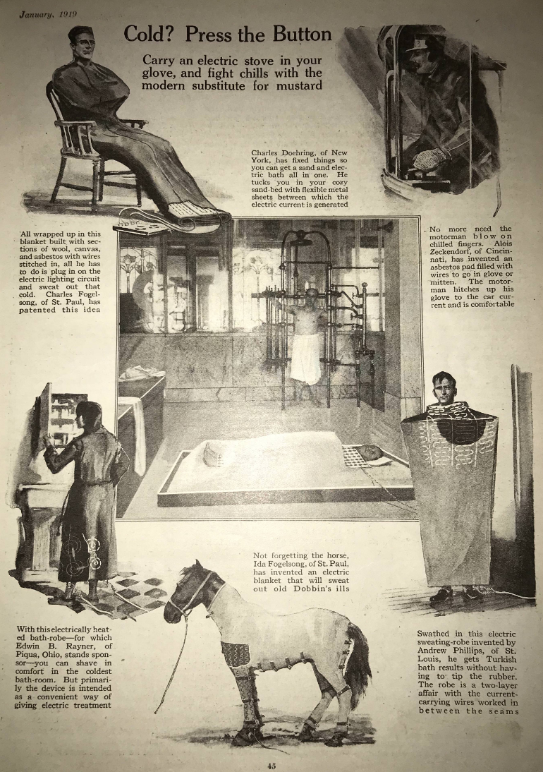 from a 1919 magazine promoting an electric glove stove as a remedy for chills. Various individuals are shown using the device in different settings