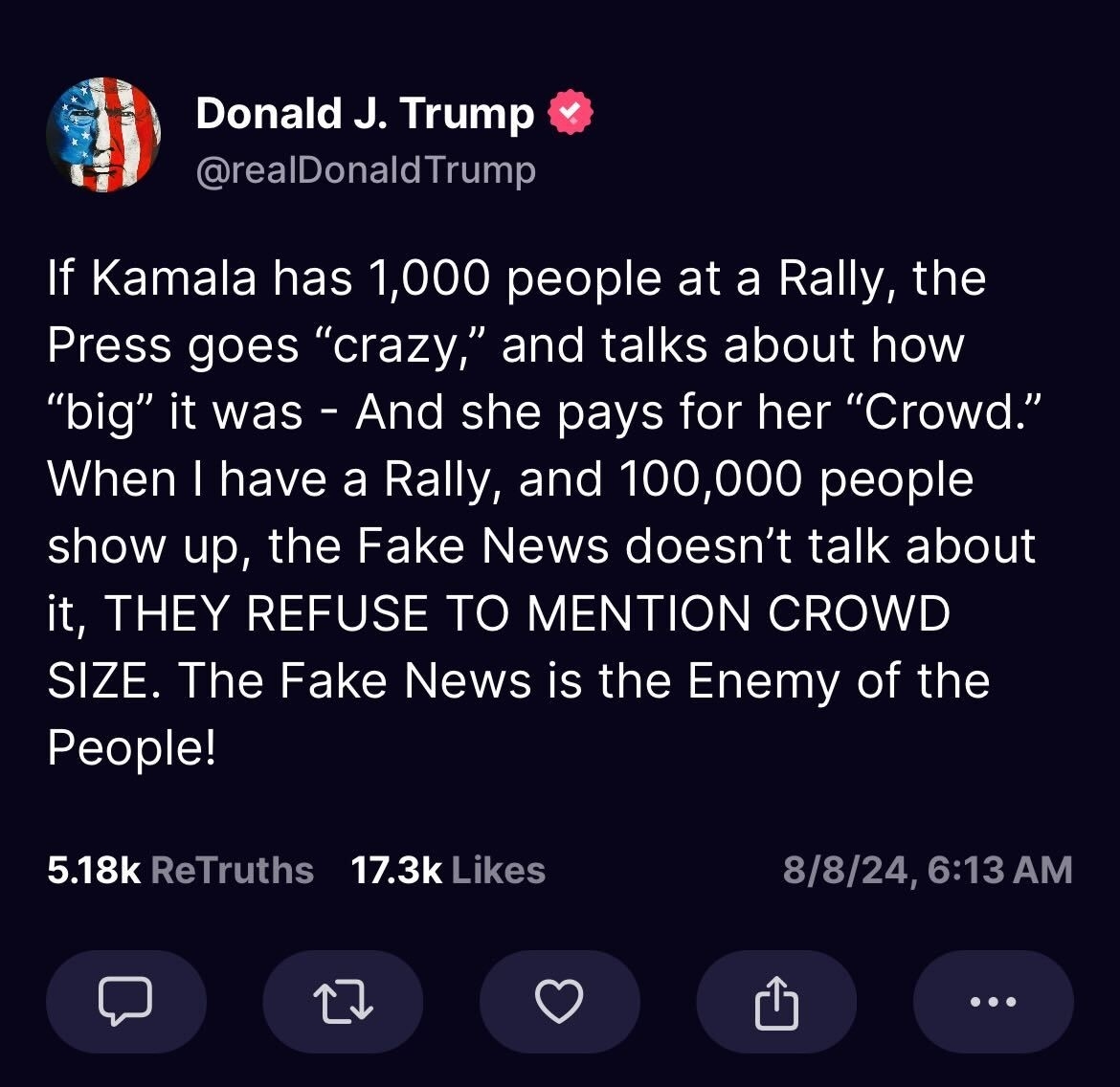 Tweet by Donald J. Trump on August 8, 2024, at 6:13 AM, criticizing media coverage of his rallies compared to Kamala Harris' rallies, and calling Fake News the enemy of the people