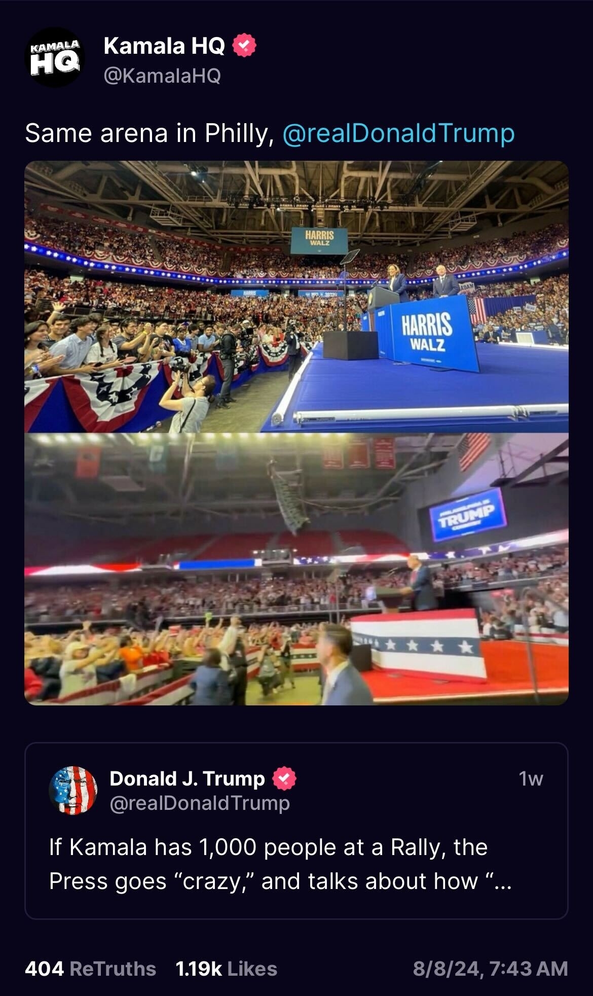 Kamala HQ tweet compares two Philly arenas: a crowded one at a Harris-Walz rally and a sparsely attended one for Donald Trump, with Trump's tweet reacting