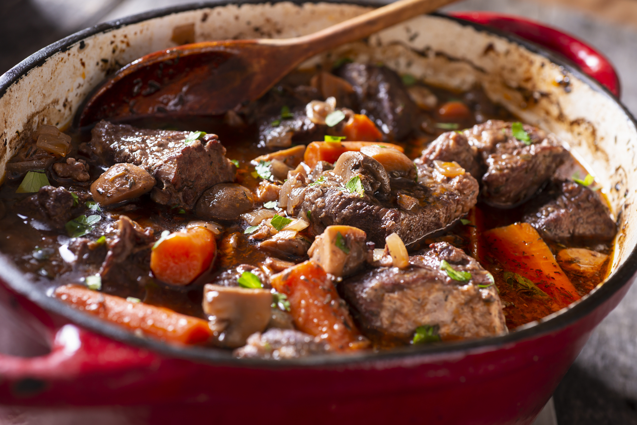 A hearty stew of beef, carrots, mushrooms, and onions in a red pot, garnished with chopped herbs. A wooden spoon rests on the edge of the pot