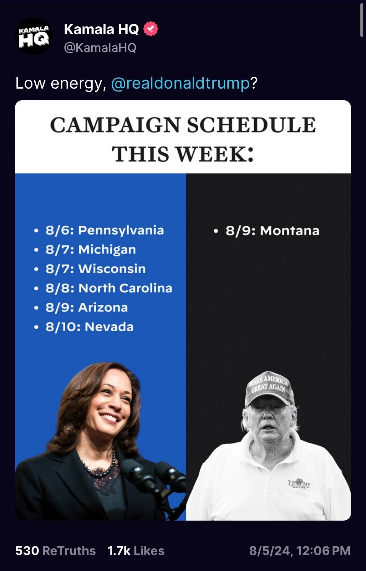 Kamala HQ on Twitter shares an image of Kamala Harris and Donald Trump with contrasting blue and black backgrounds. Kamala's campaign schedule listed for the week