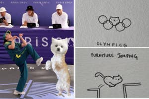 Athlete and fluffy dog perform a high kick while three judges watch, with two doodles: "Olympics" (circles and cat) and "Furniture Jumping" (cat jumping)
