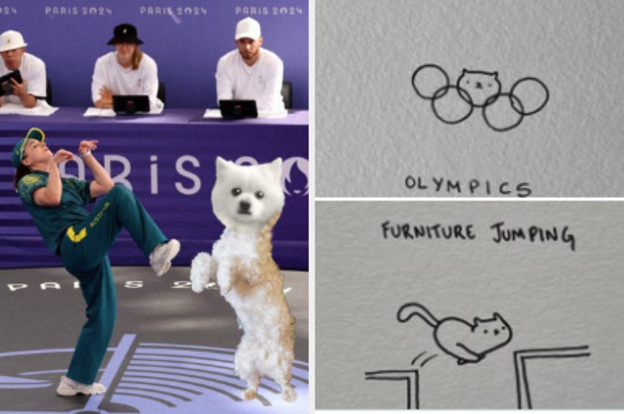 Athlete and fluffy dog perform a high kick while three judges watch, with two doodles: "Olympics" (circles and cat) and "Furniture Jumping" (cat jumping)