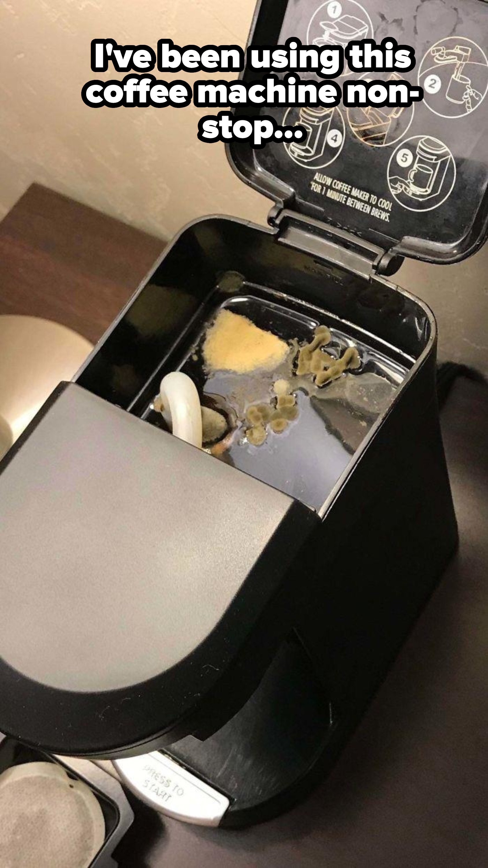 A close-up of a neglected, dirty coffee machine with visible mold and residue inside the coffee filter area