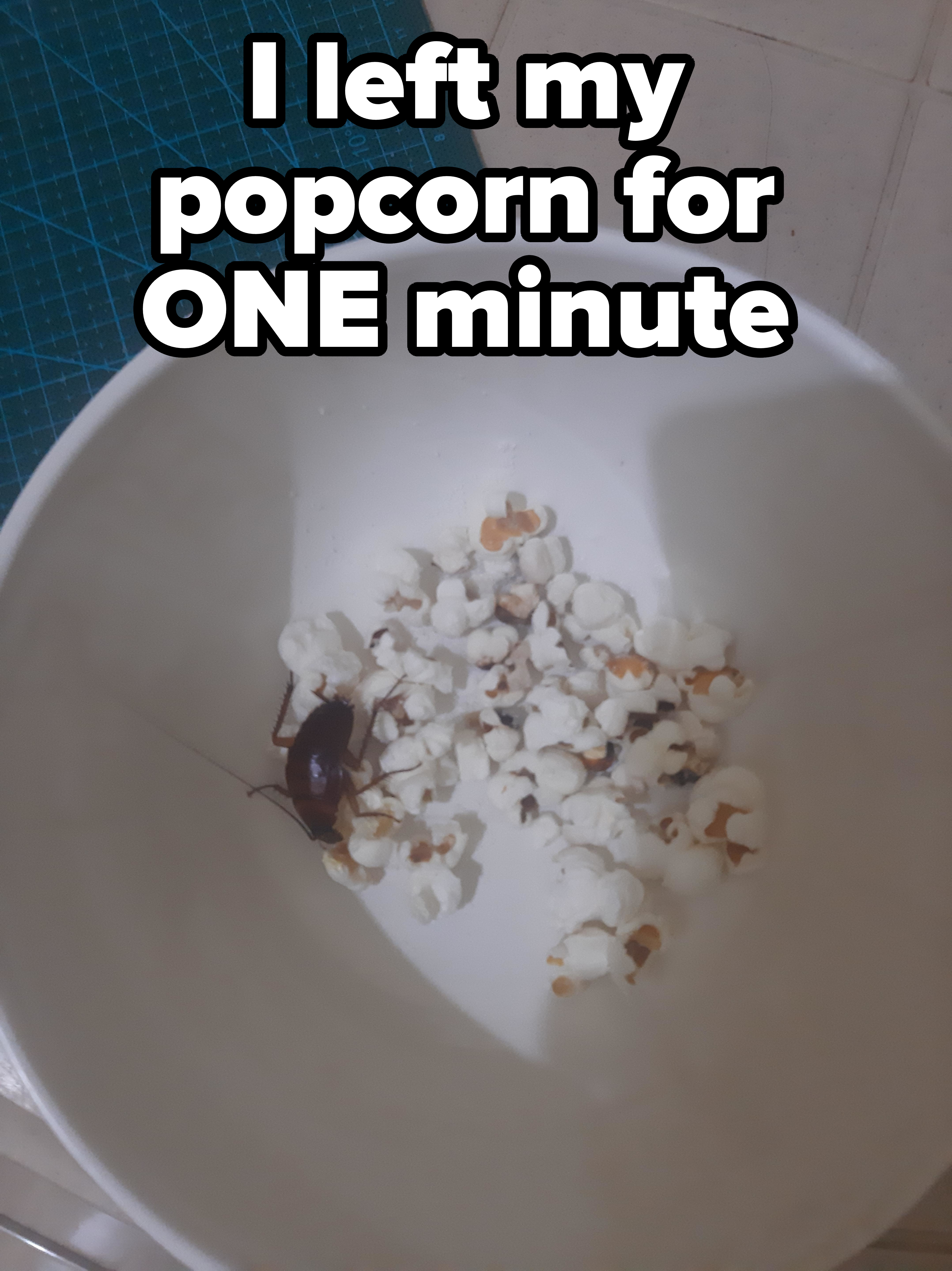 A bowl with popcorn and a cockroach inside, placed on a table with a cutting mat visible in the background