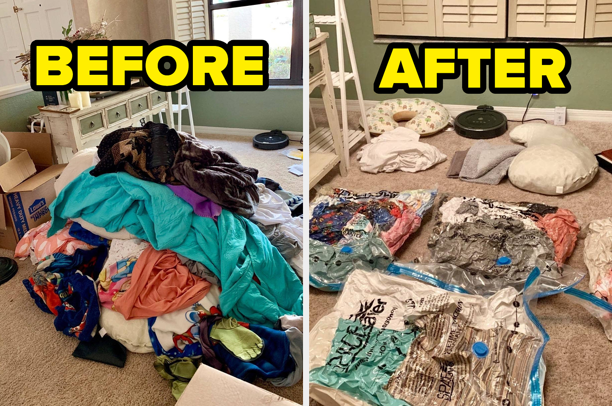Left: A large pile of clothes in disarray with text "BEFORE." Right: Neatly vacuum-sealed bags containing clothes with text "AFTER."