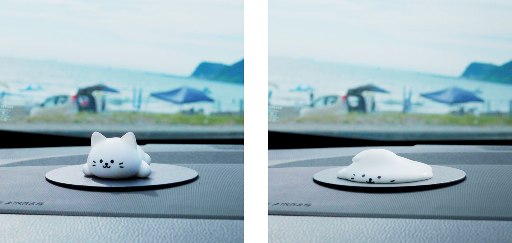 車のダッシュボードに置かれたネコの形をしたフィギュアが日差しで溶けて平らになっている様子。背景はビーチ。