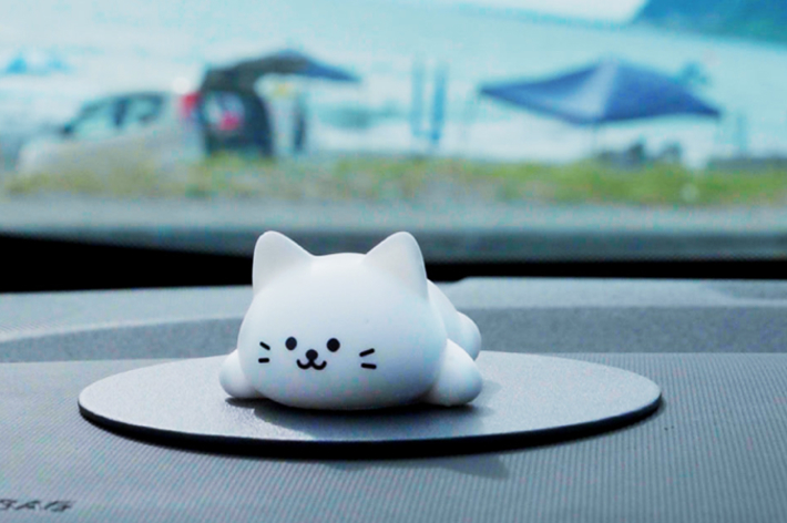 車のダッシュボードに置かれたネコの形をしたフィギュアが日差しで溶けて平らになっている様子。背景はビーチ。