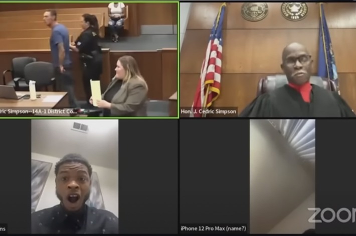 オンライン法廷審理のスクリーンショット。画面には裁判官、弁護士、被告、証人が映っています。名前は左上に表示されています。