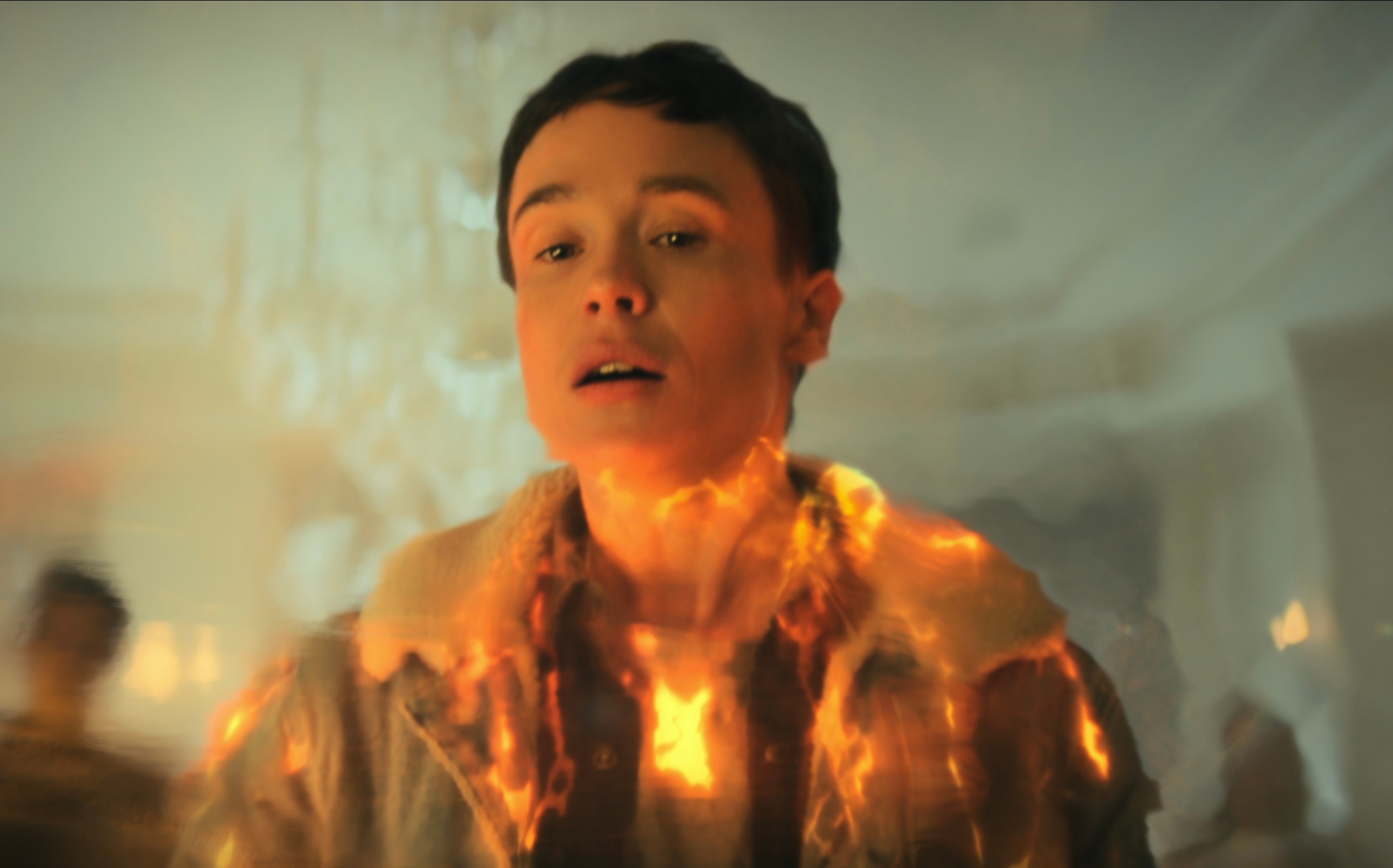 Elliot Page as Viktor Hargreeves in "The Umbrella Academy," with fiery effects around his body