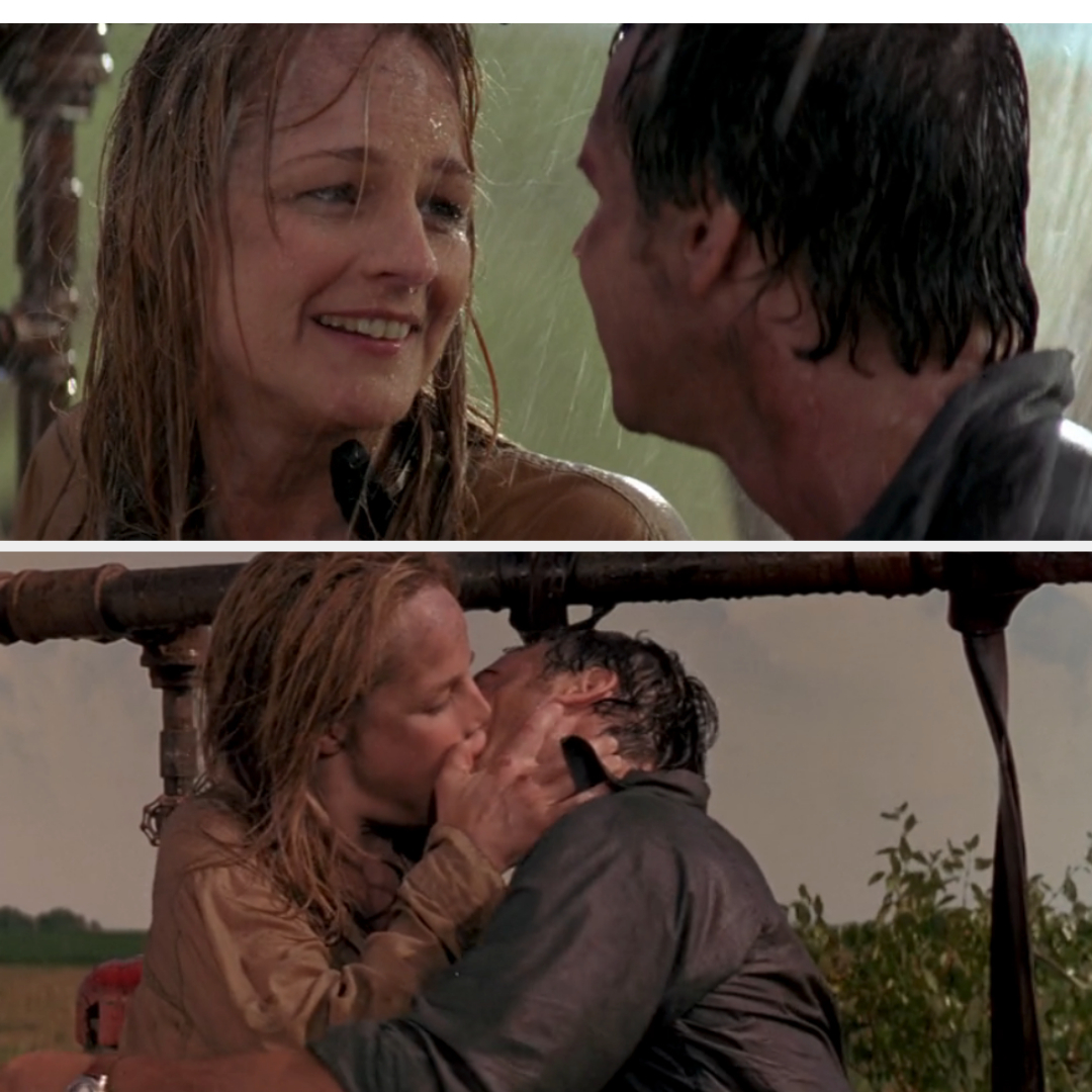 Helen Hunt and Bill Paxton in a rain-soaked scene, smiling in the top frame, and passionately kissing in the bottom frame