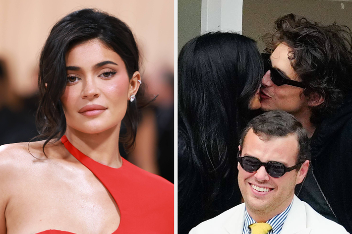 Kylie Jenner in a one shoulder dress vs Kylie Jenner and Timothee Chalamet kissing