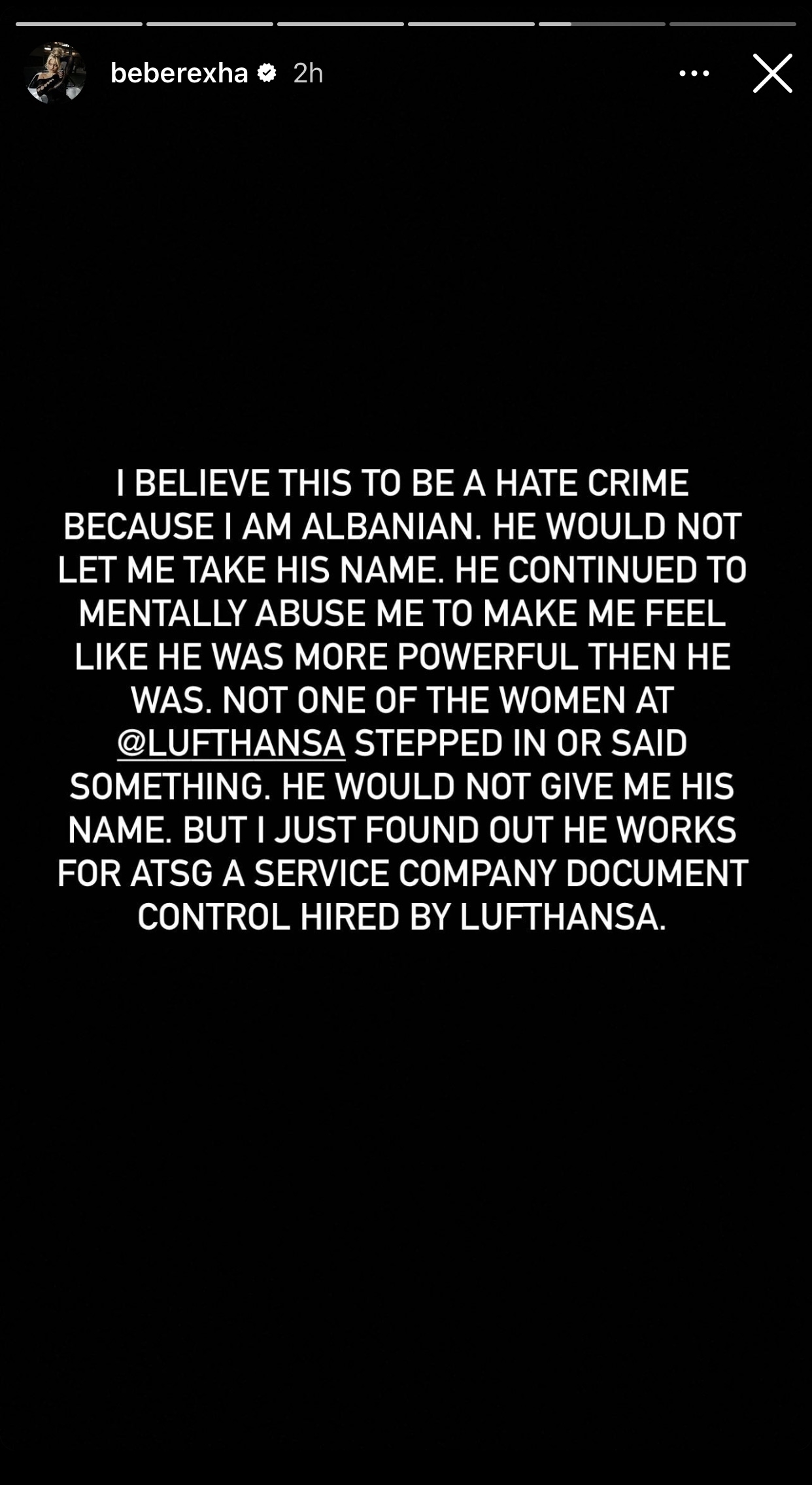 Bebe Rexha shares a statement accusing a Lufthansa employee of hate crime and mental abuse, and states the individual works for ATSG, a service company hired by Lufthansa