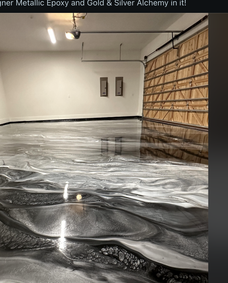 A Reddit post showcasing a sleek, metallic epoxy garage floor in Texas, featuring black, gray, and white swirling patterns. Several comments are shown discussing the floor's design