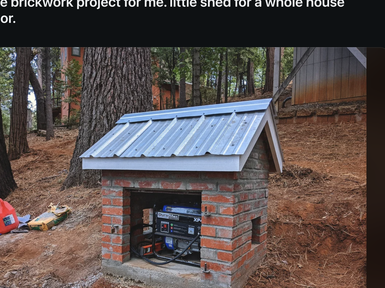 Screenshot of a Reddit post from the r/DIY subreddit titled &quot;first time brickwork project for me. little shed for a whole house generator&quot; showing a small brick shed with a roof housing a generator