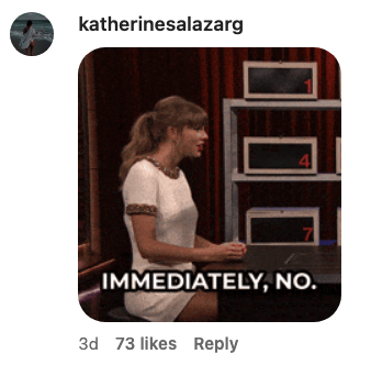 Katherinesalazarg's Instagram post shows a celebrity in a white dress with gold details, sitting and saying, "IMMEDIATELY, NO." The post has 73 likes and is 3 days old