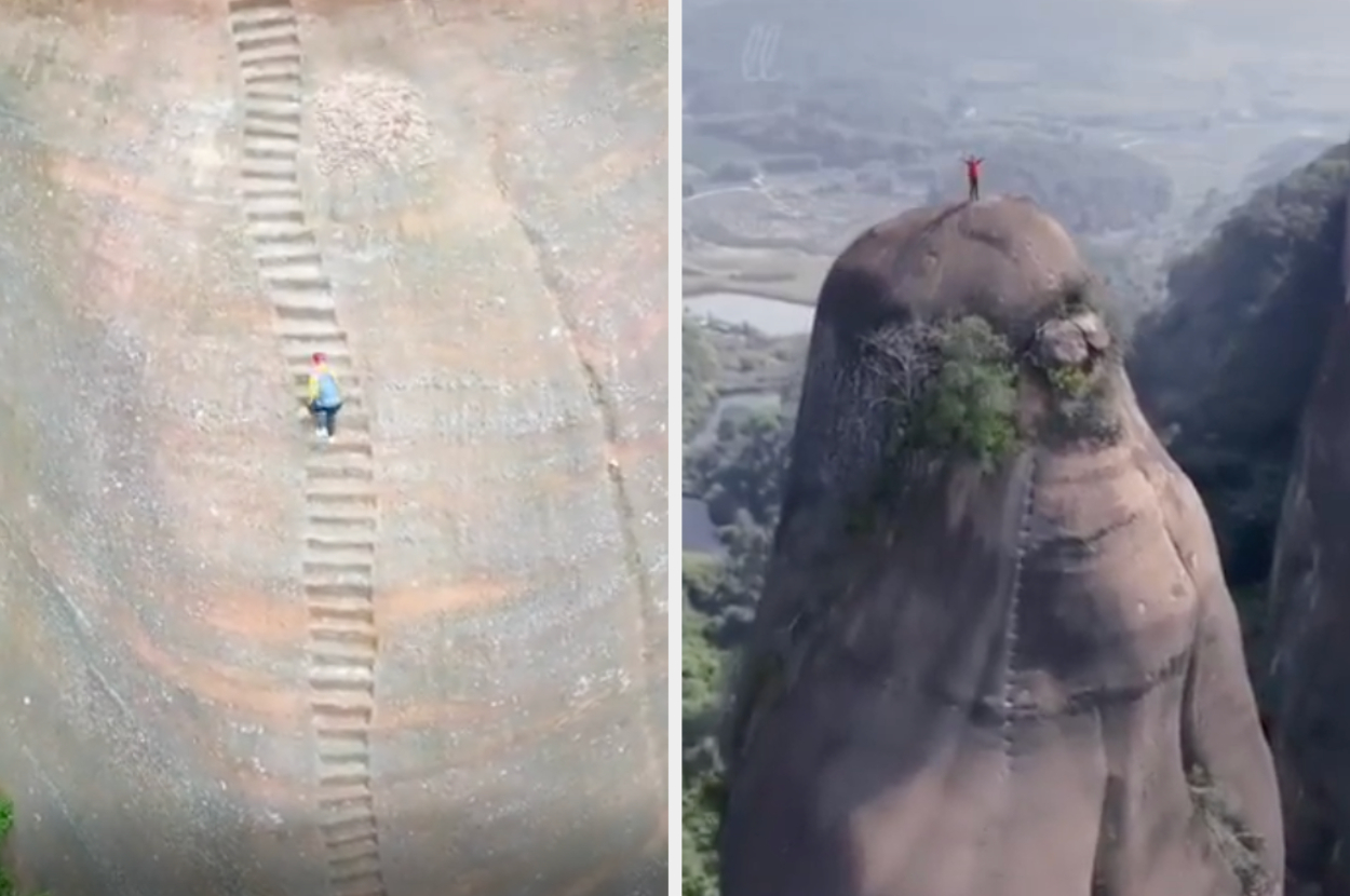 Two photos: left shows a distant view of a person climbing a long set of stone steps on a steep rock face; right shows the person standing atop a tall rock formation