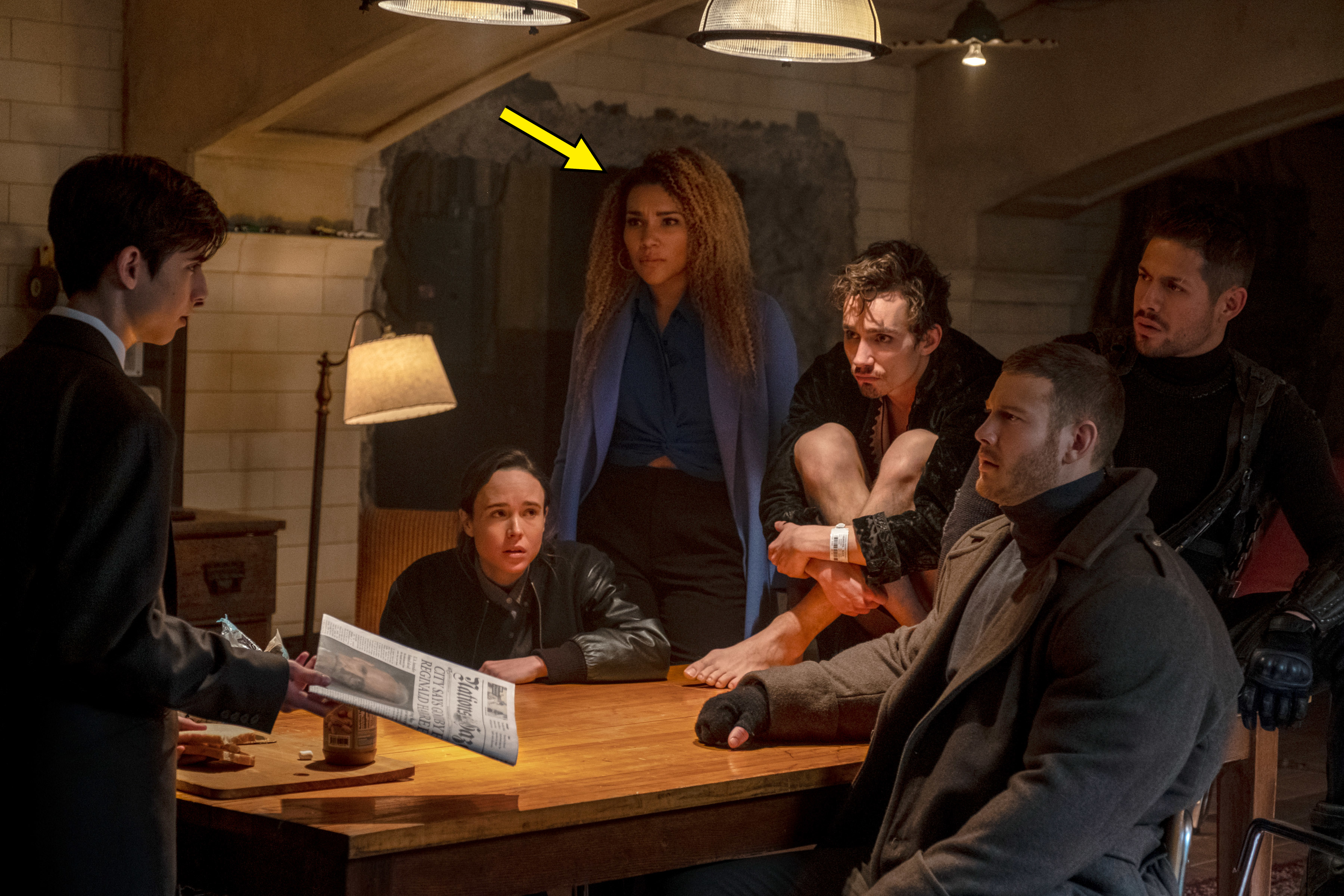 Aidan Gallagher, Elliot Page, Emmy Raver-Lampman, Robert Sheehan, Tom Hopper, and David Castañeda in "The Umbrella Academy"