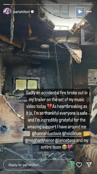 Image of a burned trailer with text overlay. Text summarizing the fire incident and expressing gratitude is by Paris Hilton. Mentions Hannah Lux Davis, Heidi Klum, Meghan Trainor, Lance Bass