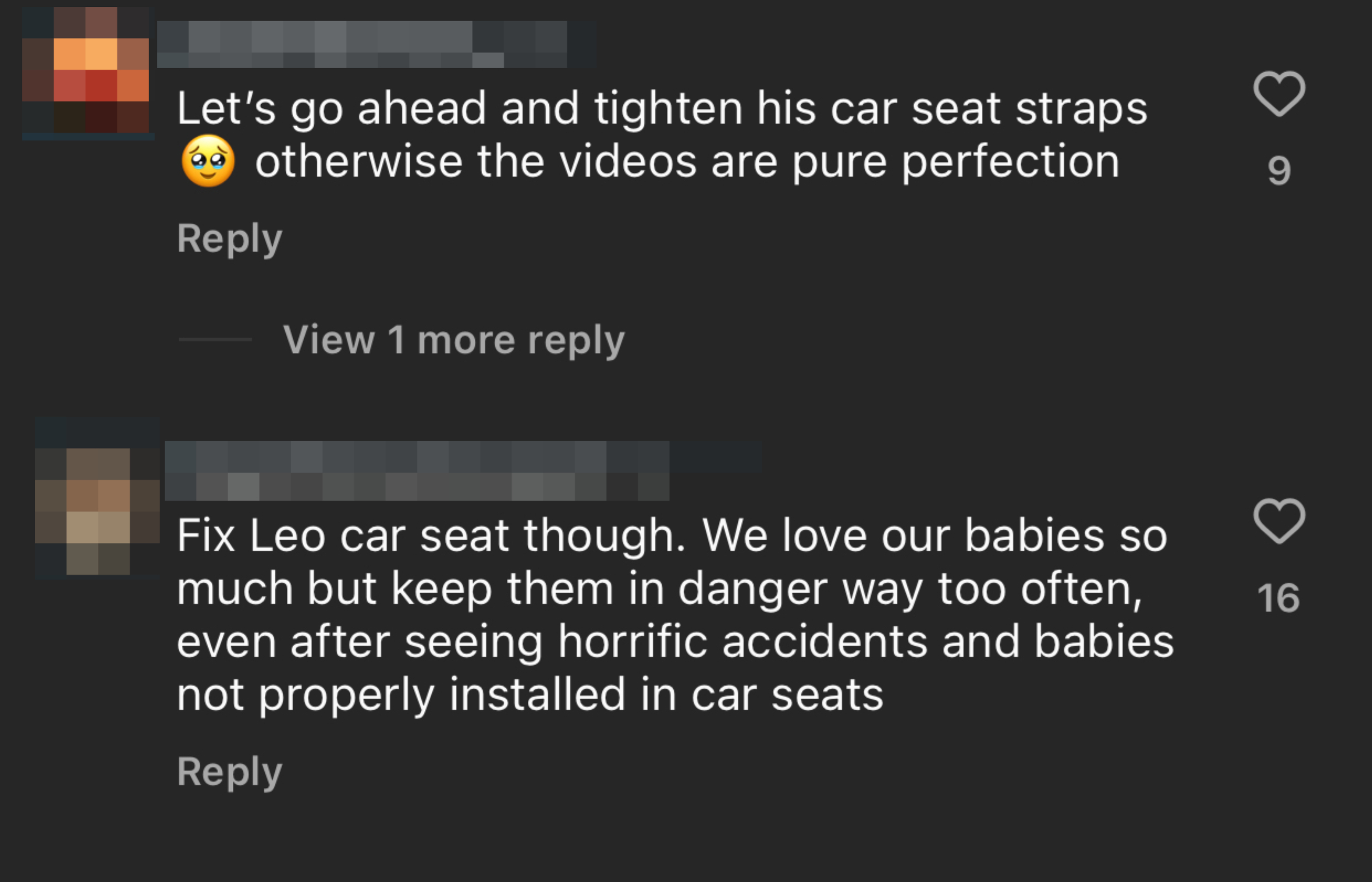 Two comments discussing car seat safety. One mentions tightening straps, and the other emphasizes proper installation to prevent danger