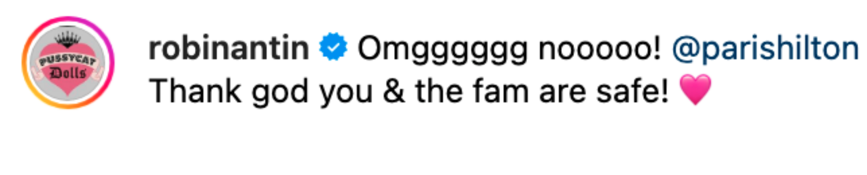 Comment from robinantin to Paris Hilton: "Omg nooo!!! Thank god you & the fam are safe!" with a heart emoji. 20 hours ago, 16 likes