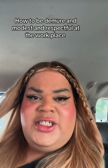 Person with braided hair in a car, caption reads: &quot;How to be demure and modest and respectful at the work place.&quot;