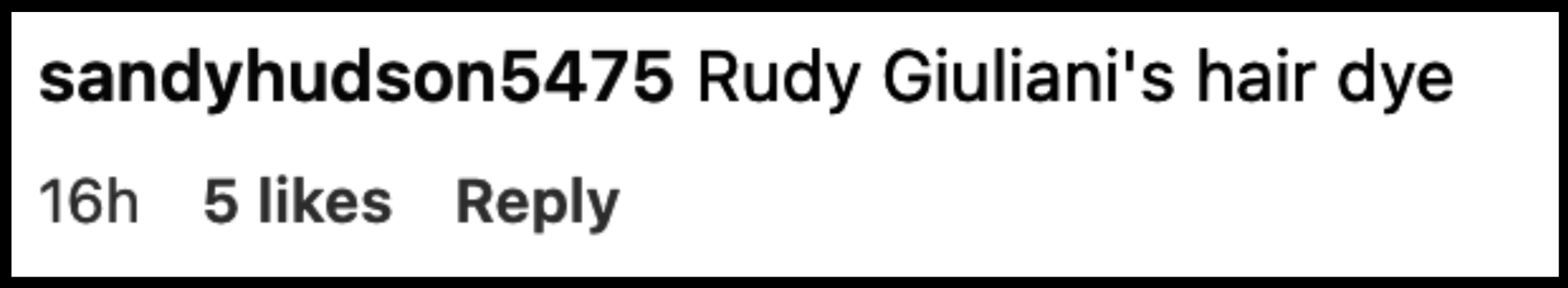 Comment by sandyhudson5475: &quot;Rudy Giuliani's hair dye&quot; with 5 likes and a reply