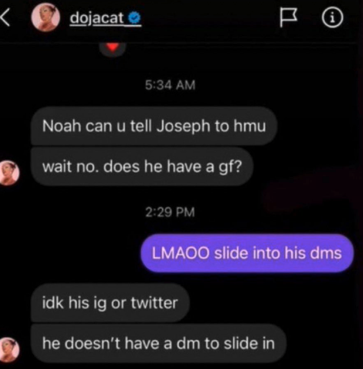 Direct messages between Doja Cat and another person joking about finding contact information and sliding into someone's DMs