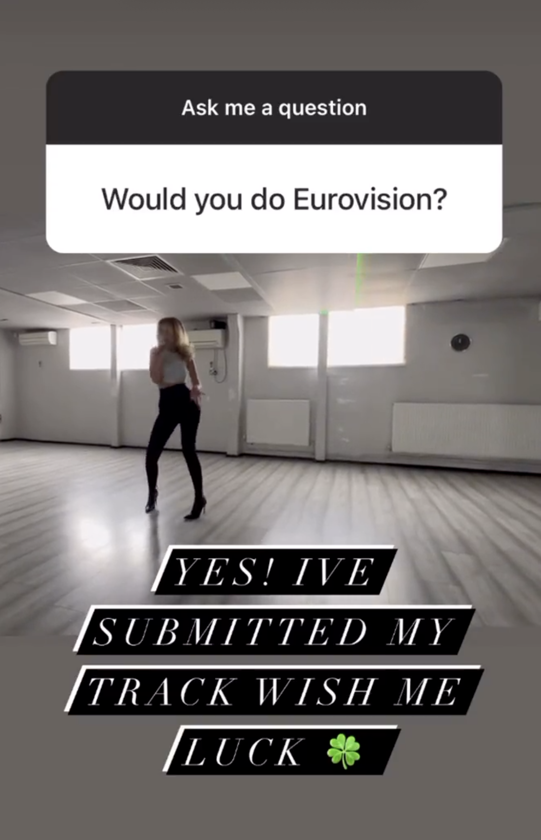 Person dancing in an empty room under the text "Would you do Eurovision?" and the response "YES! I'VE SUBMITTED MY TRACK WISH ME LUCK."