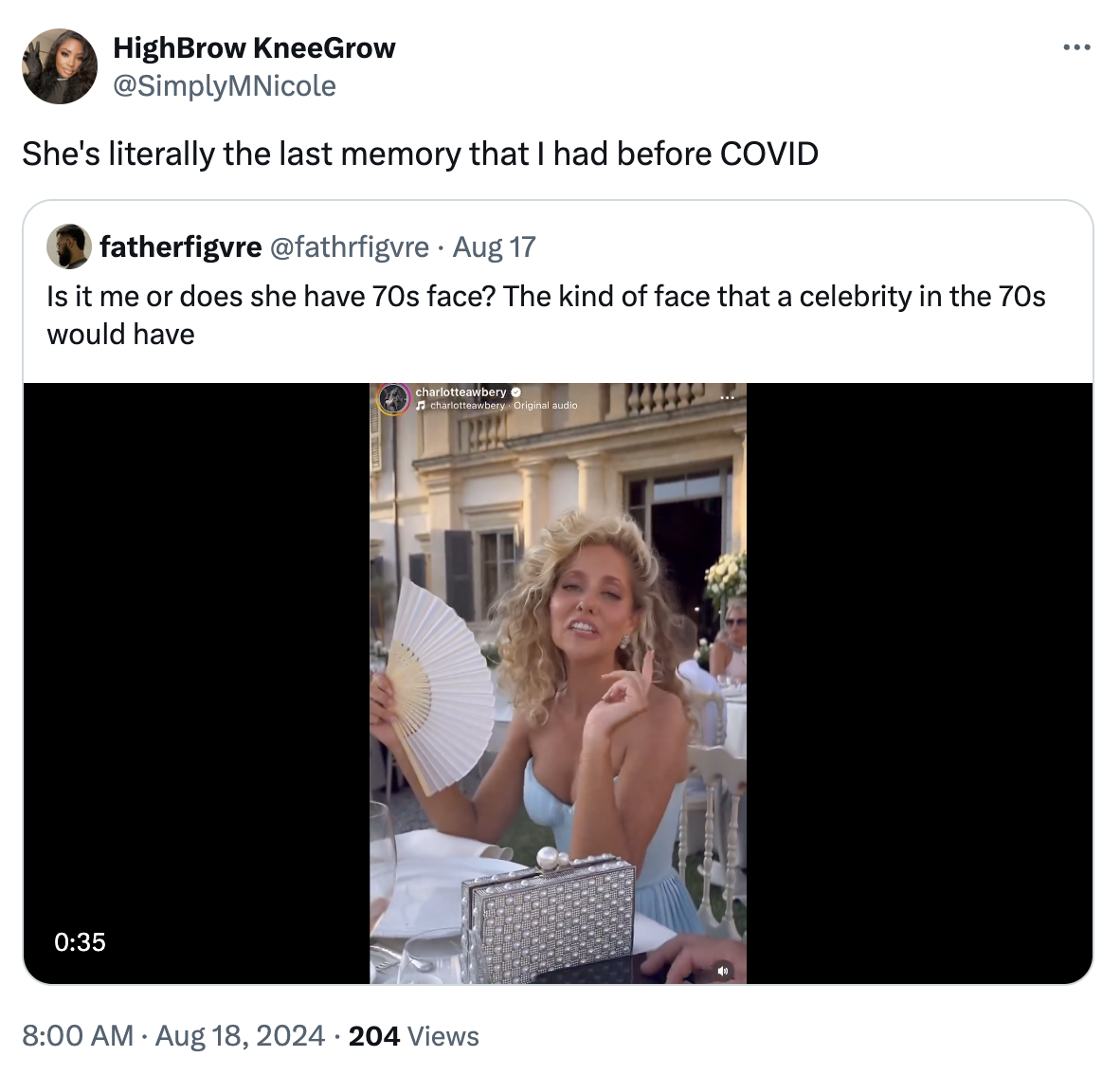 A tweet by @SimplyMNicole retweeting @fathrfigvre. An actress with 70s hairstyle holds a fan at a table. Text: "She's literally the last memory that I had before COVID."