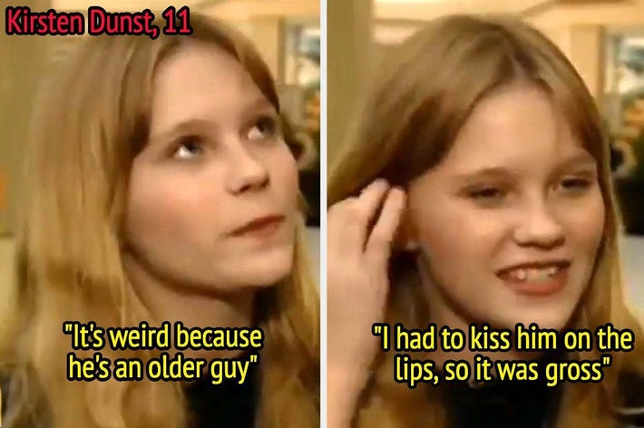 Side-by-side images of Kirsten Dunst at age 11 discussing her experience of kissing an older actor for a movie, describing it as “weird” and “gross."