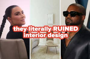 Kim Kardashian with sleek hairstyle, minimalist interior room, and Kanye West in sunglasses and leather jacket. Text in image: "they literally RUINED interior design."