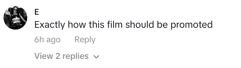 Comment by user "E": "Exactly how this film should be promoted." Image also shows options to reply or view 2 replies, posted 6 hours ago