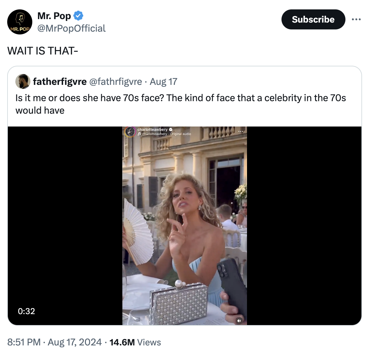 Shakira in a strapless dress holding a fan, sitting at an outdoor cafe. Caption: "Is it me or does she have 70s face? The kind of face that a celebrity in the 70s would have."