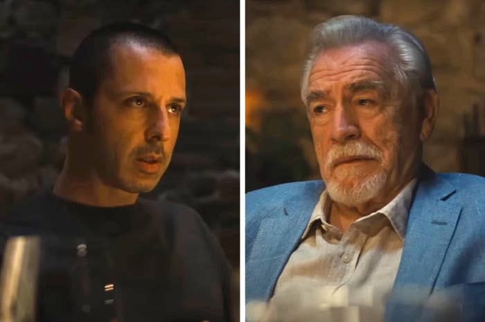 Jeremy Strong and Brian Cox in a scene from the TV show "Succession," engaged in a serious conversation