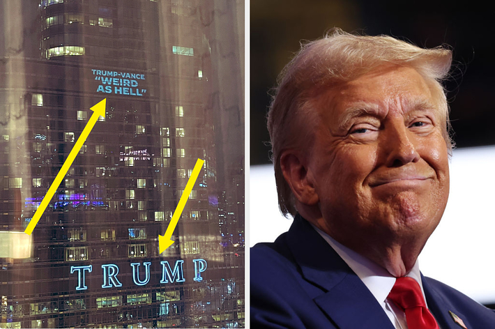 Left: &ldquo;Trump-Vance: Unbelievably Awful&rdquo; projected onto a skyscraper. Right: Donald Trump smiling