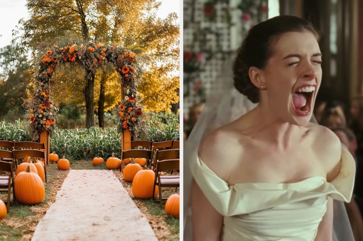 Left: Outdoor wedding aisle lined with pumpkins, ending at a flower-adorned arch. Right: Woman in white dress yelling, possibly mid-celebration or emotional moment