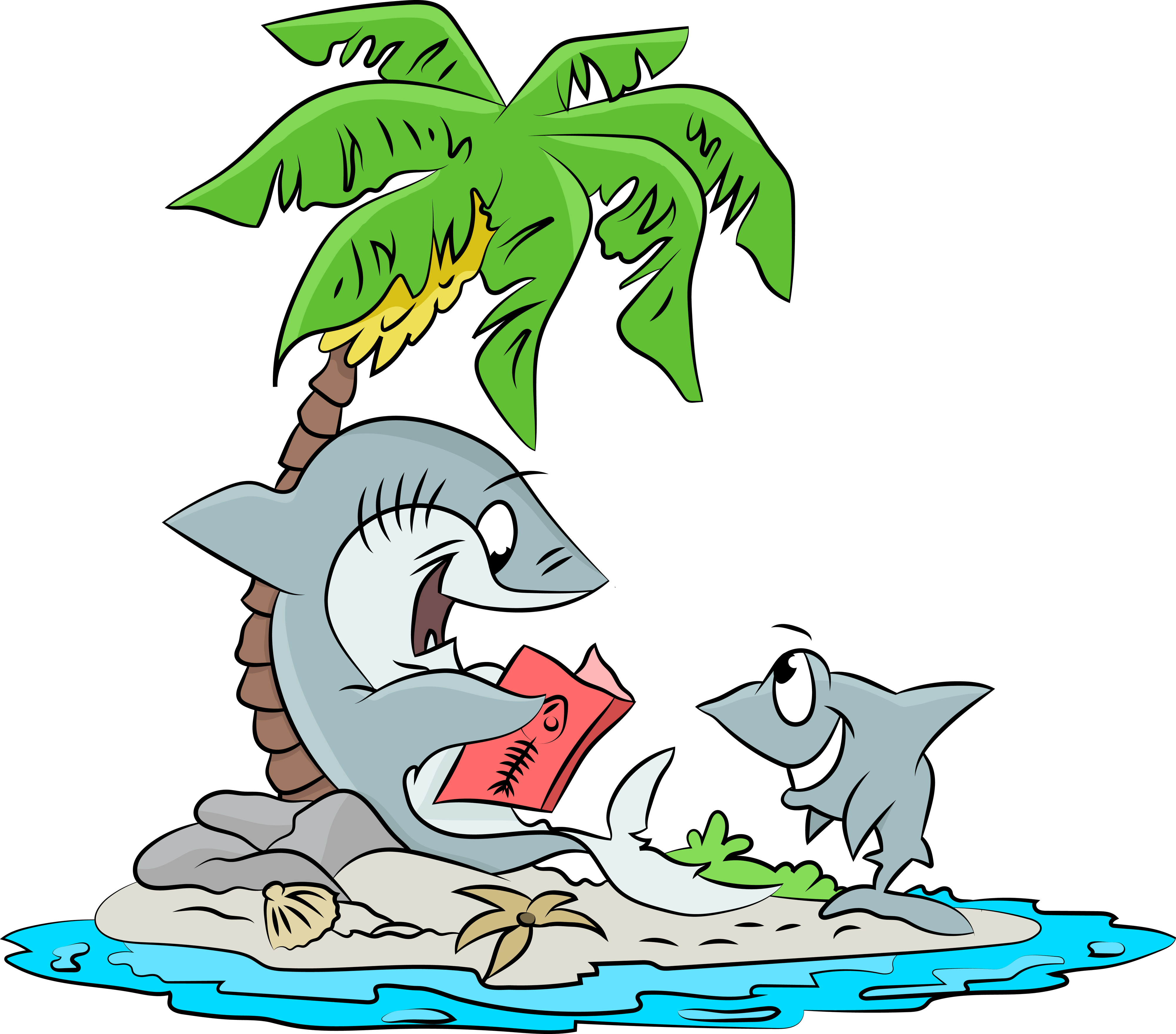 Cartoon sharks on an island; one adult shark is sitting under a palm tree, reading a book to a baby shark