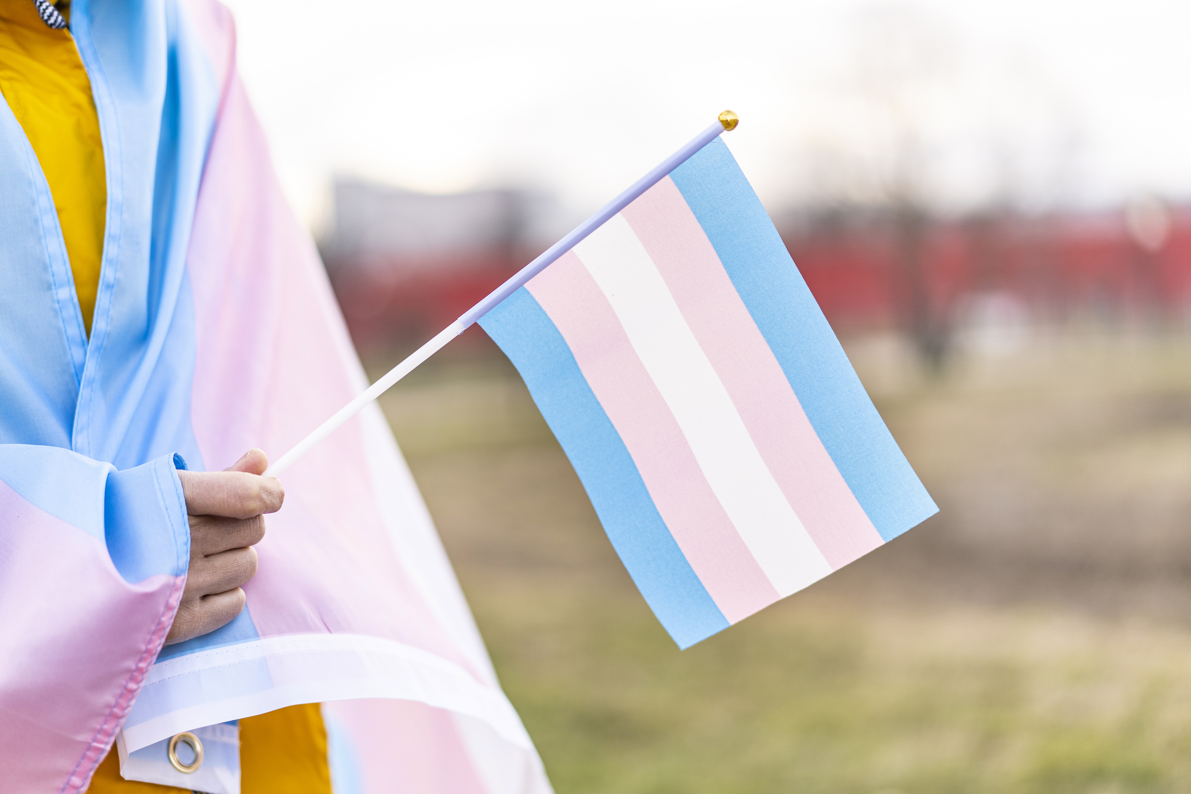 Close-up of a person holding a transgender pride flag, wrapped in a matching shawl