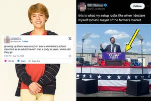 On the left, Cole Sprouse smiles beside a tweet by Campbell G. The right image shows a man with a prosthetic leg labeled "Juan Leg" crossing a street