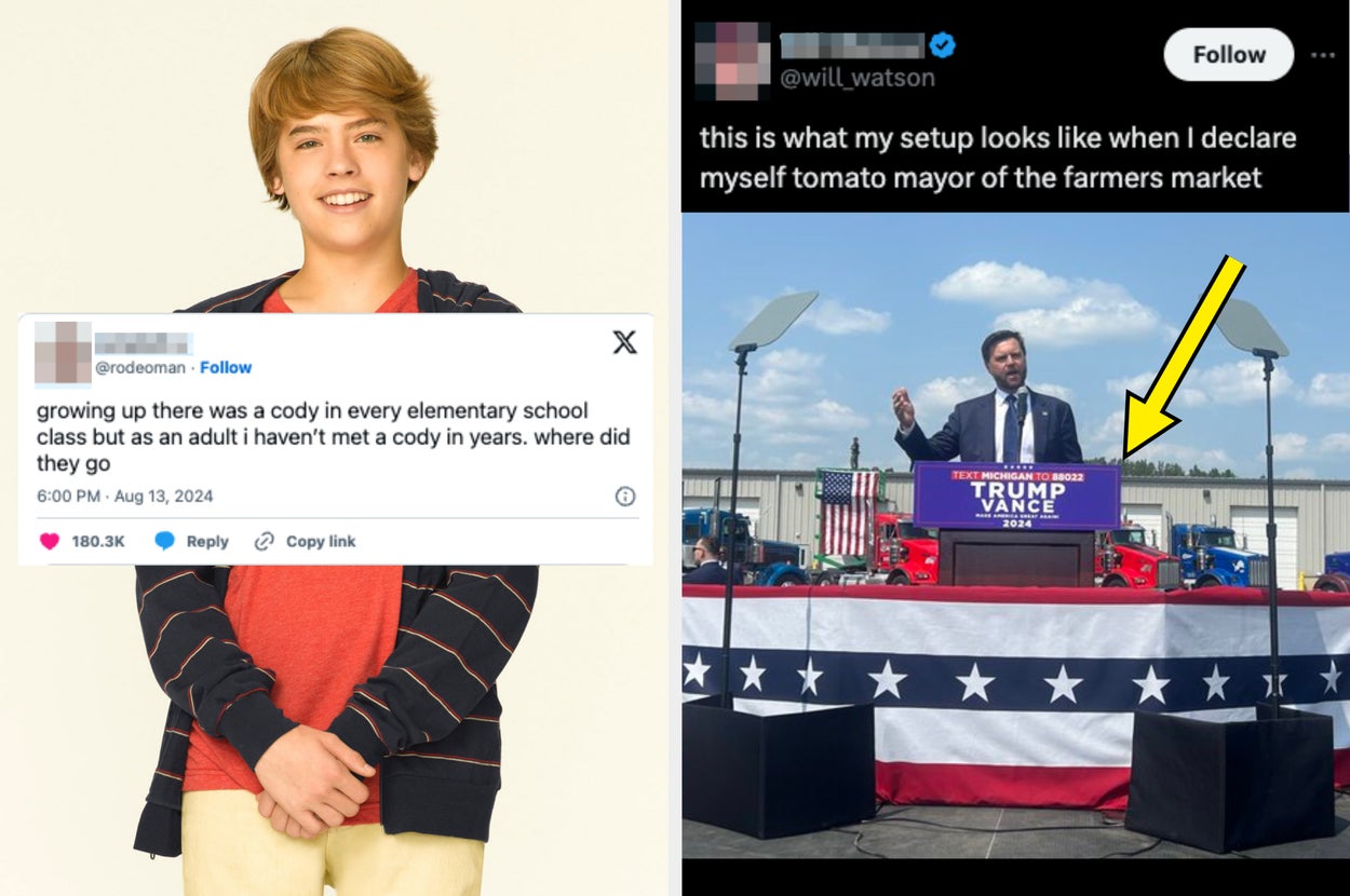 On the left, Cole Sprouse smiles beside a tweet by Campbell G. The right image shows a man with a prosthetic leg labeled "Juan Leg" crossing a street