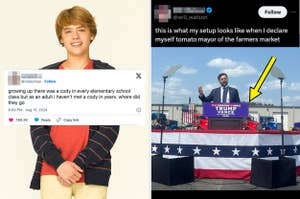 On the left, Cole Sprouse smiles beside a tweet by Campbell G. The right image shows a man with a prosthetic leg labeled "Juan Leg" crossing a street