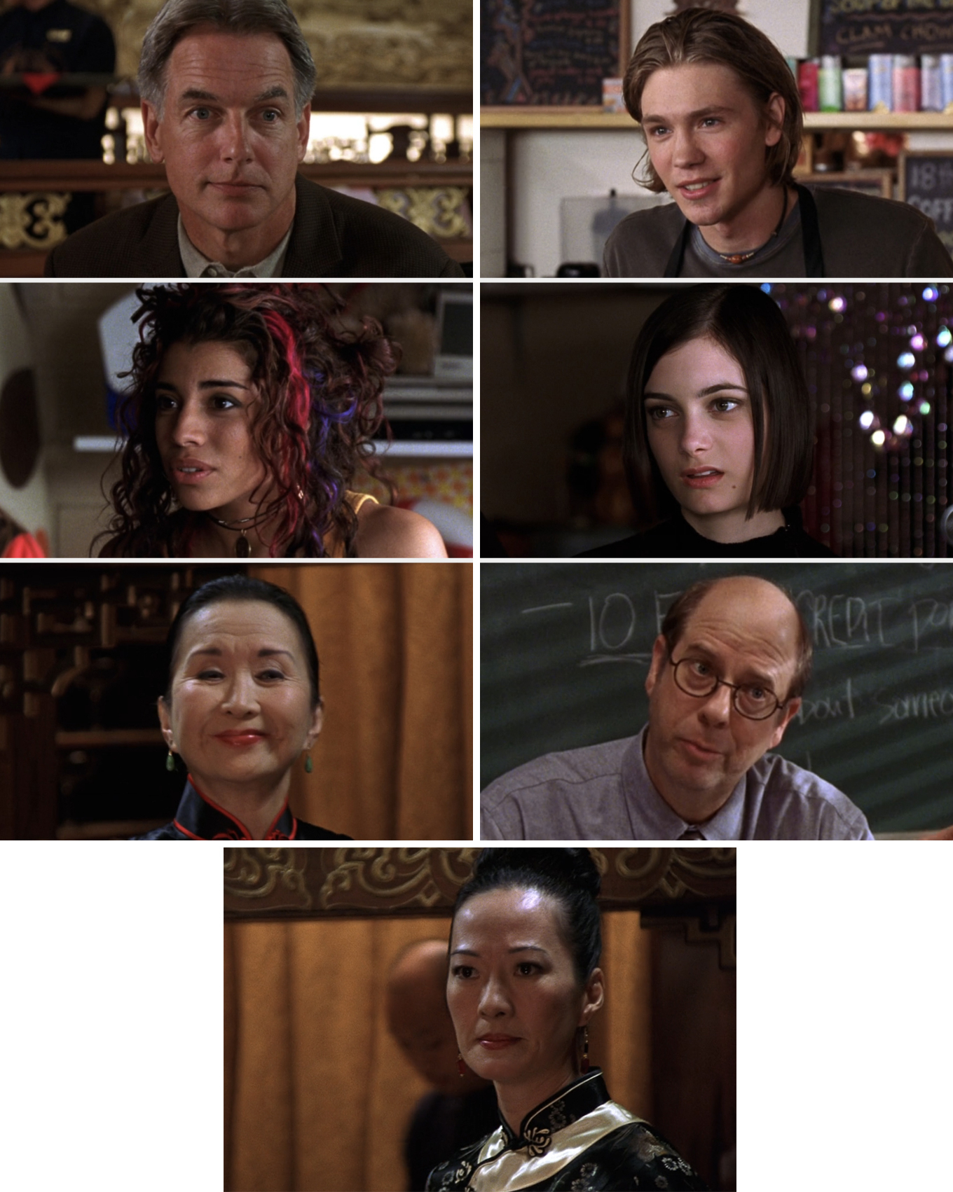 Mark Harmon, Chad Michael Murray, Jessica Alba, Shiri Appleby, Amy Hill, and Danny DeVito in various scenes from TV shows or movies