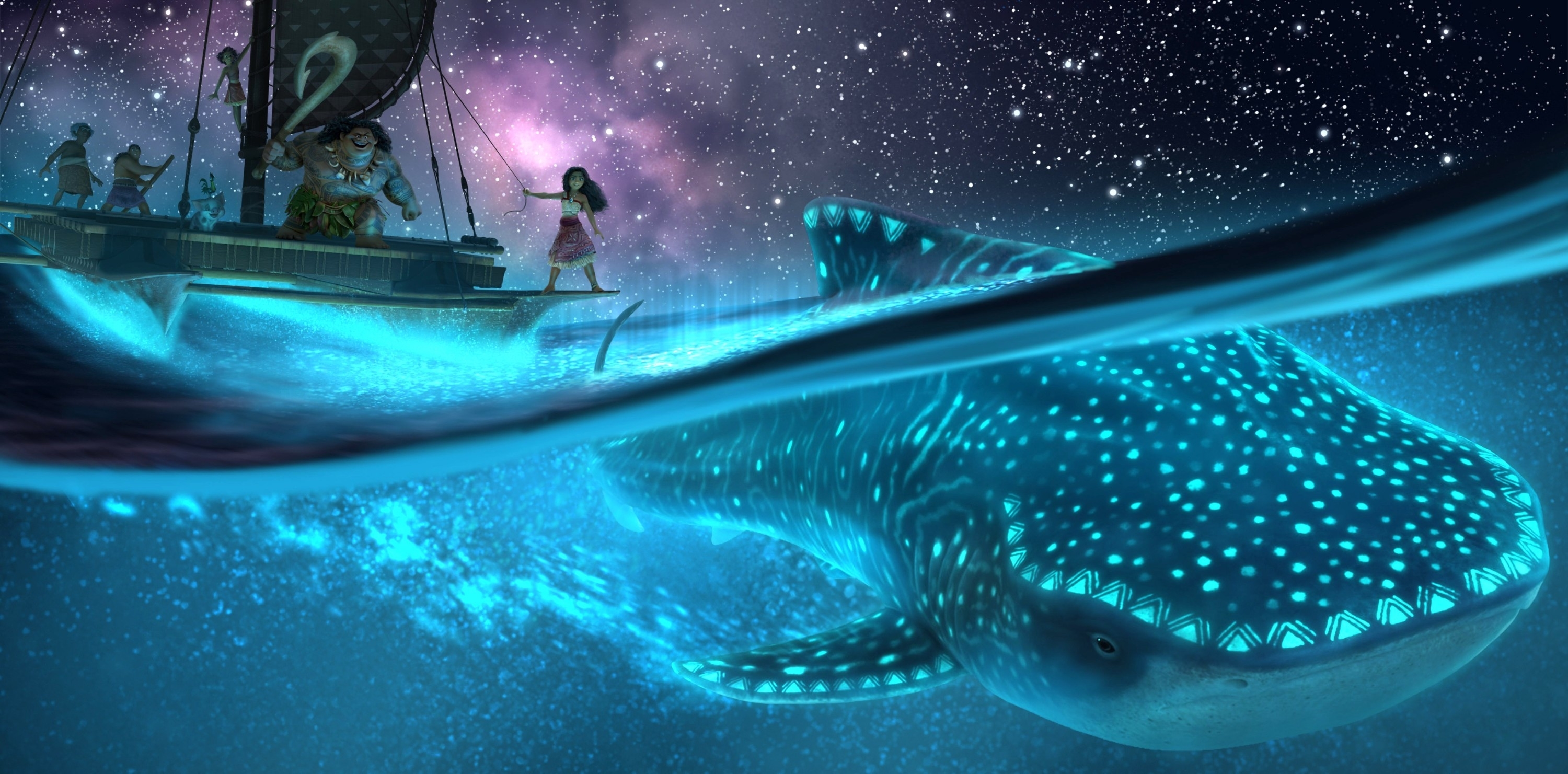 Animated scene from the film Moana, showcasing characters Moana and Maui on a boat, with a glowing whale swimming nearby under a starry night sky