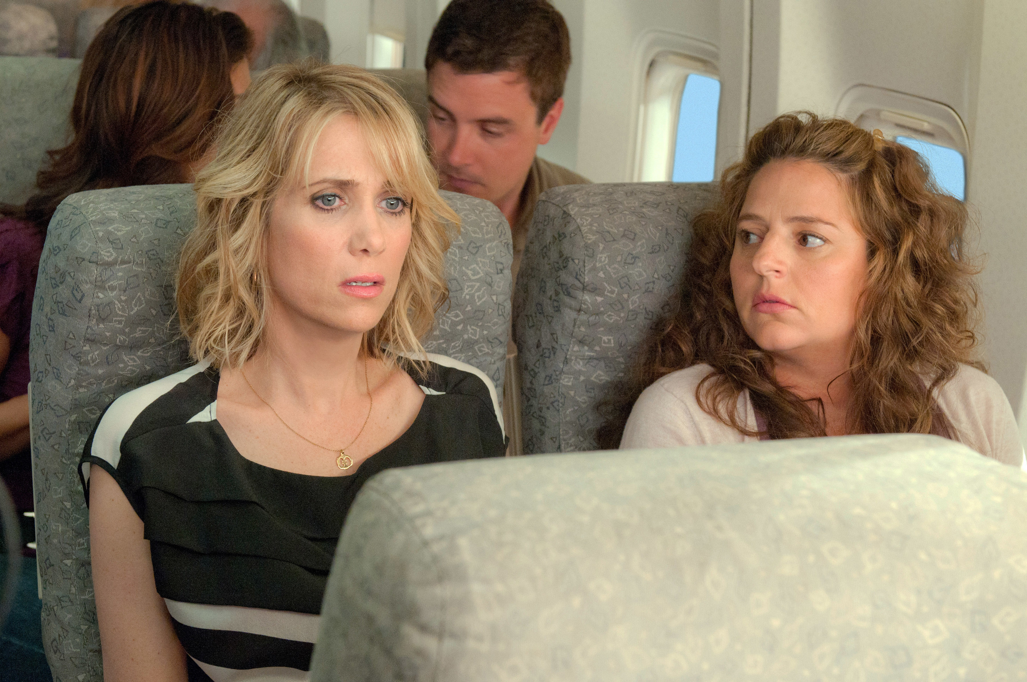 Kristen Wiig and Annie Mumolo sit anxiously on an airplane in a scene from &quot;Bridesmaids&quot;