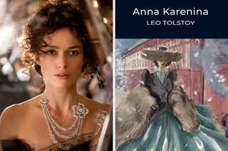 Keira Knightley dressed elegantly with a jeweled necklace, alongside a cover featuring an illustration from Leo Tolstoy's