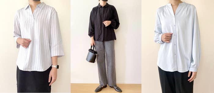 ユニクロのおすすめファッション「ソフトローンギャザーブラウス」「レーヨンスキッパーブラウス/ストライプ/7分袖」「レーヨンギャザーブラウス」
